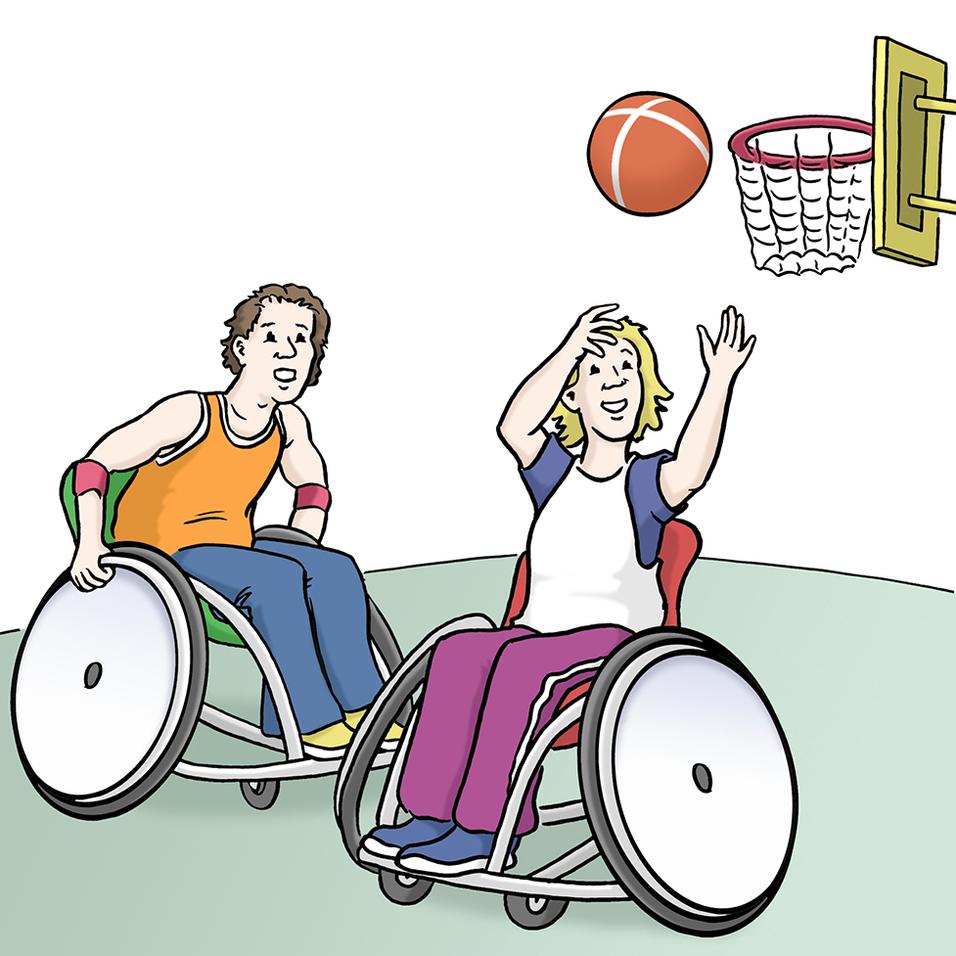 Zwei sportliche Menschen im Rollstuhl spielen Basketball. Eine Person wirft einen Ball auf den Korb.