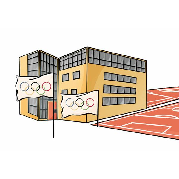 Illustration eines modernen Gebäudes mit olympischen Fahnen vor einem Sportplatz mit roten Linien.