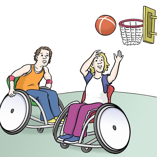 Zwei sportliche Menschen im Rollstuhl spielen Basketball. Eine Person wirft einen Ball auf den Korb.