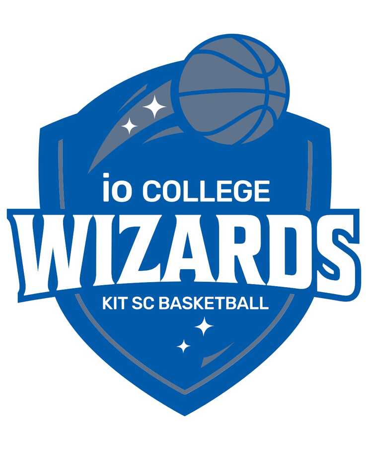Logo der IO College Wizards mit Basketball auf blauer Schildform und der Aufschrift "KIT SC BASKETBALL".
