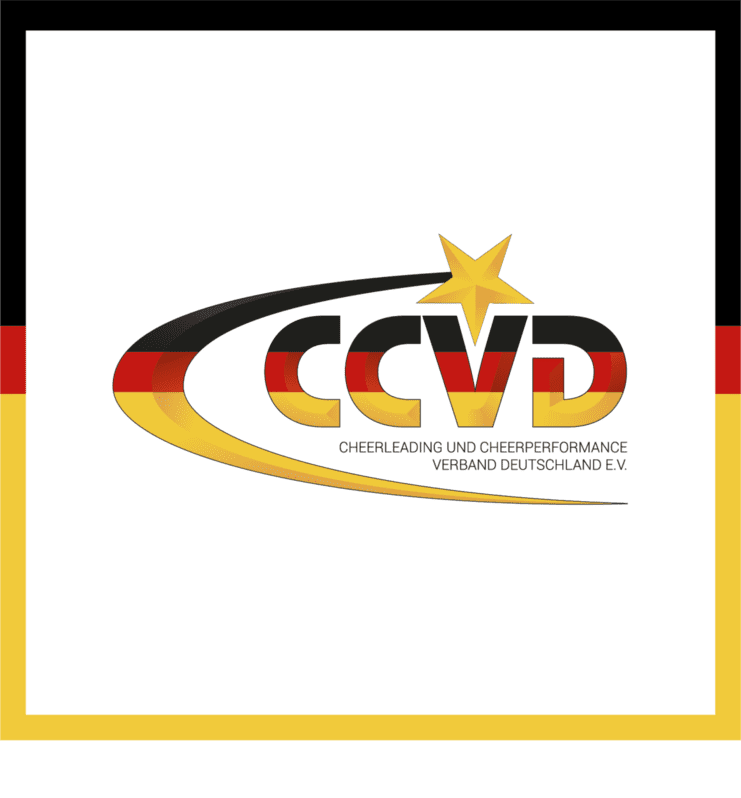Logo des CCVD mit einer stilisierten goldenen Stern und Farben der deutschen Flagge. Text: "CHEERLEADING UND CHEERPERFORMANCE VERBAND DEUTSCHLAND E.V."