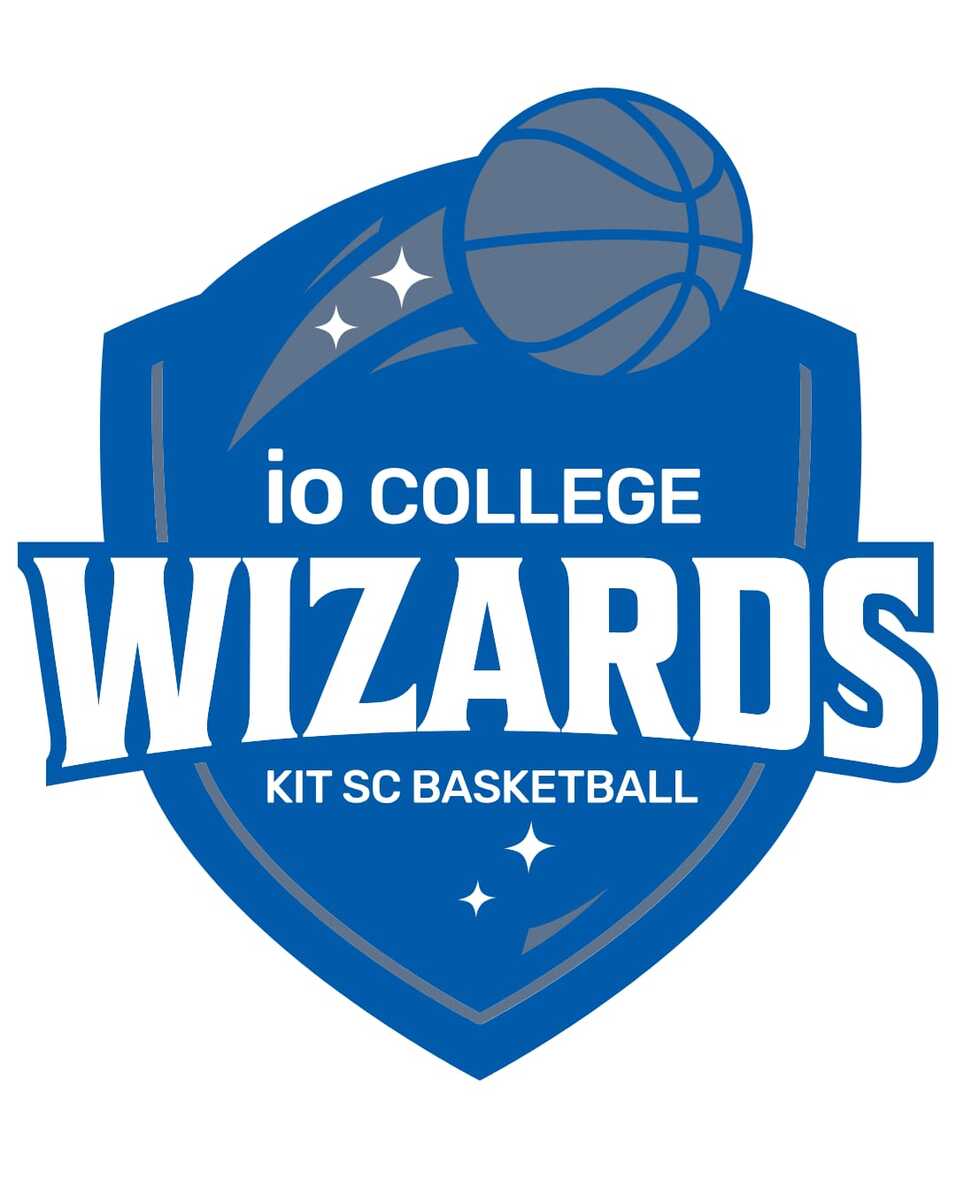 Logo der IO College Wizards mit Basketball auf blauer Schildform und der Aufschrift "KIT SC BASKETBALL".