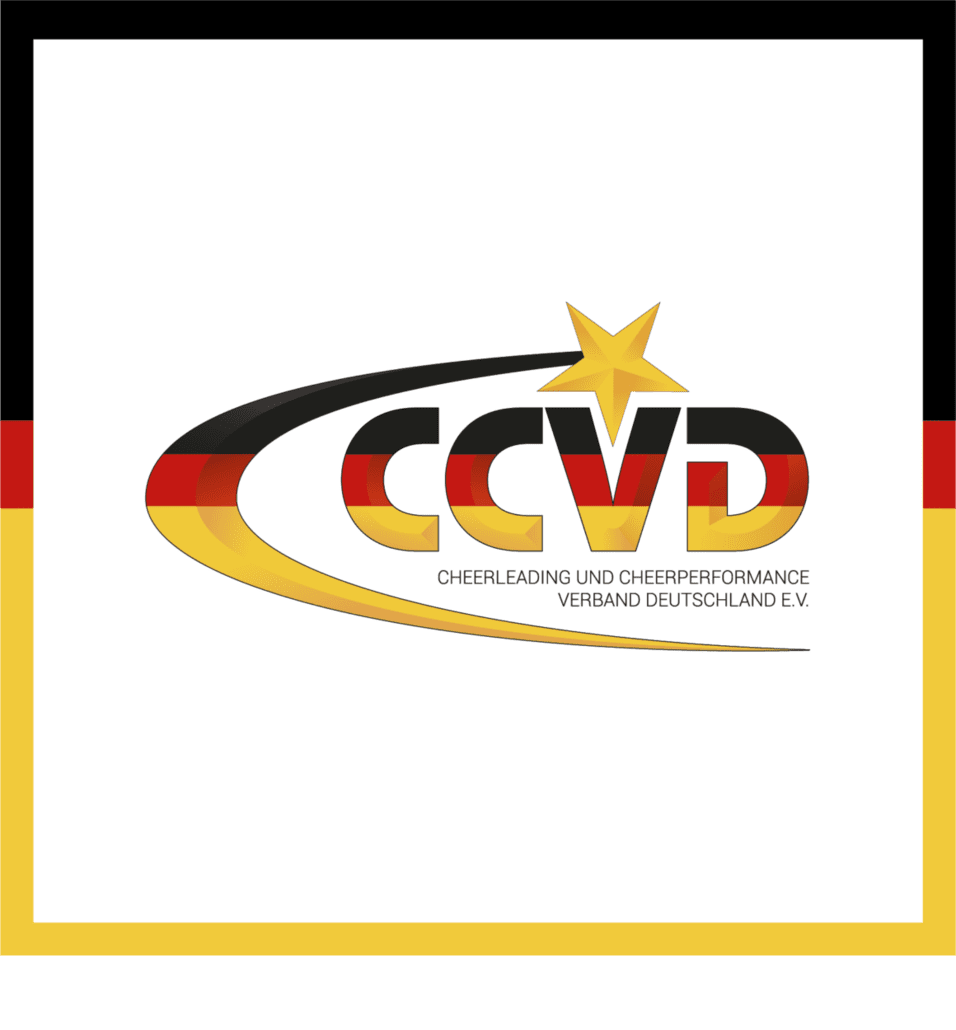 Logo des CCVD mit einer stilisierten goldenen Stern und Farben der deutschen Flagge. Text: "CHEERLEADING UND CHEERPERFORMANCE VERBAND DEUTSCHLAND E.V."